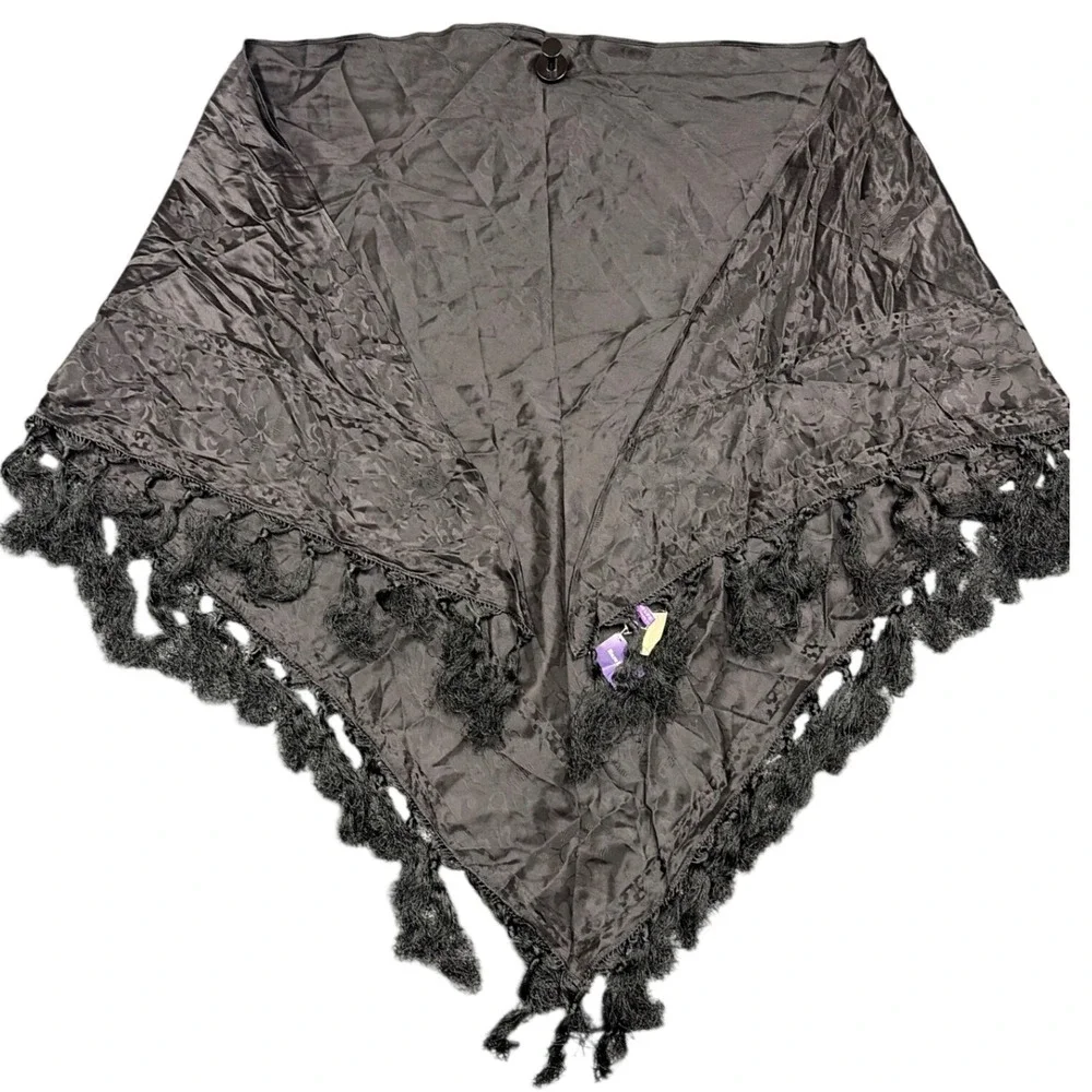New Ralph Lauren Purple Label Shawl Womens OS Black Silk Fringe Poncho NWT